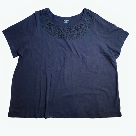 Catherine's Plus Petite Slub Knit Crochet Black Tee•1XWP NWOT - Picture 2 of 6